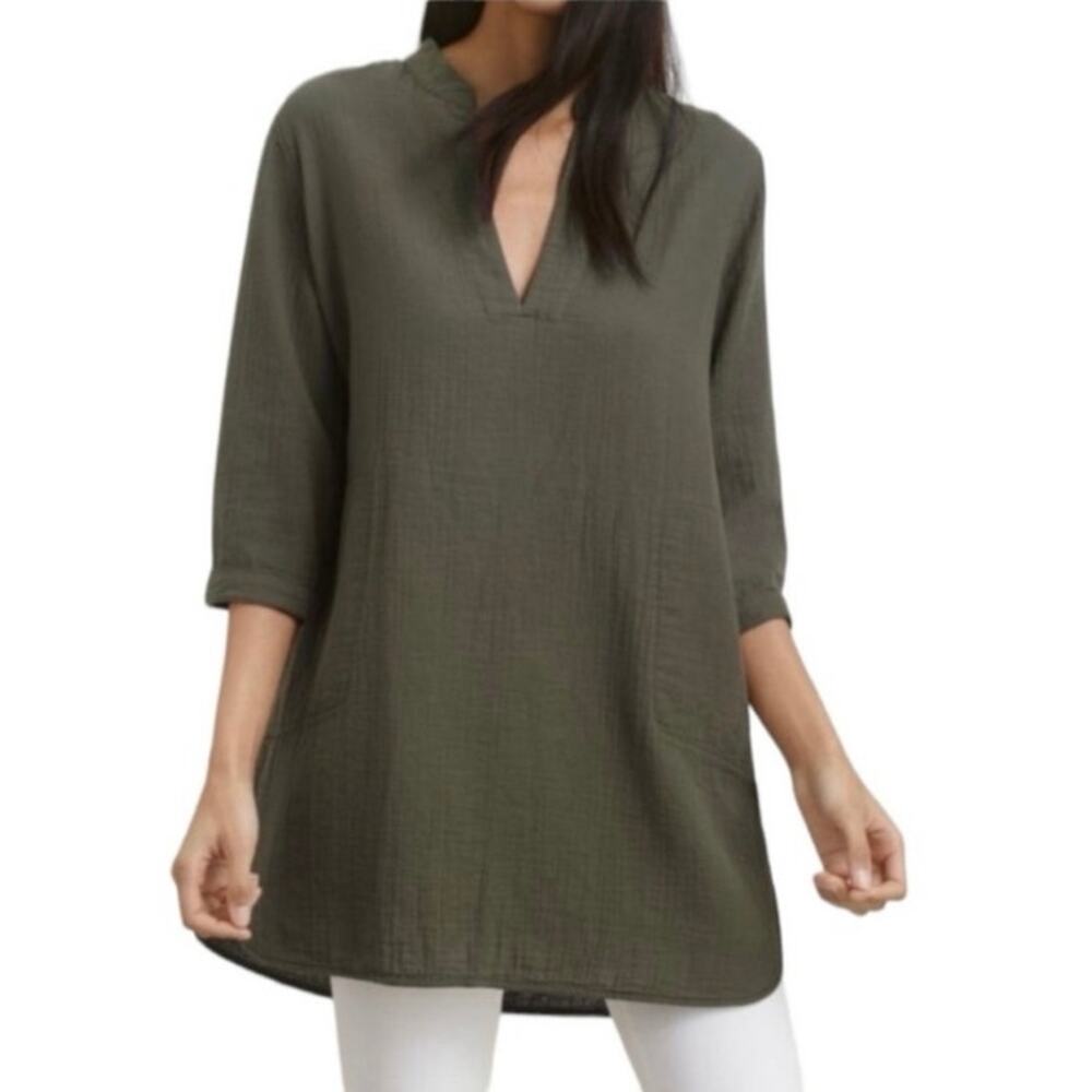 Aritzia Community Lyco Brown V Neck 3/4 Sleeve Denim Jean Tunic Top Size XS